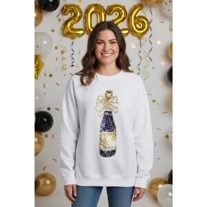 Stewart Simmons LG White Sequin Champagne Bottle Sweatshirt Sparkle Holiday New